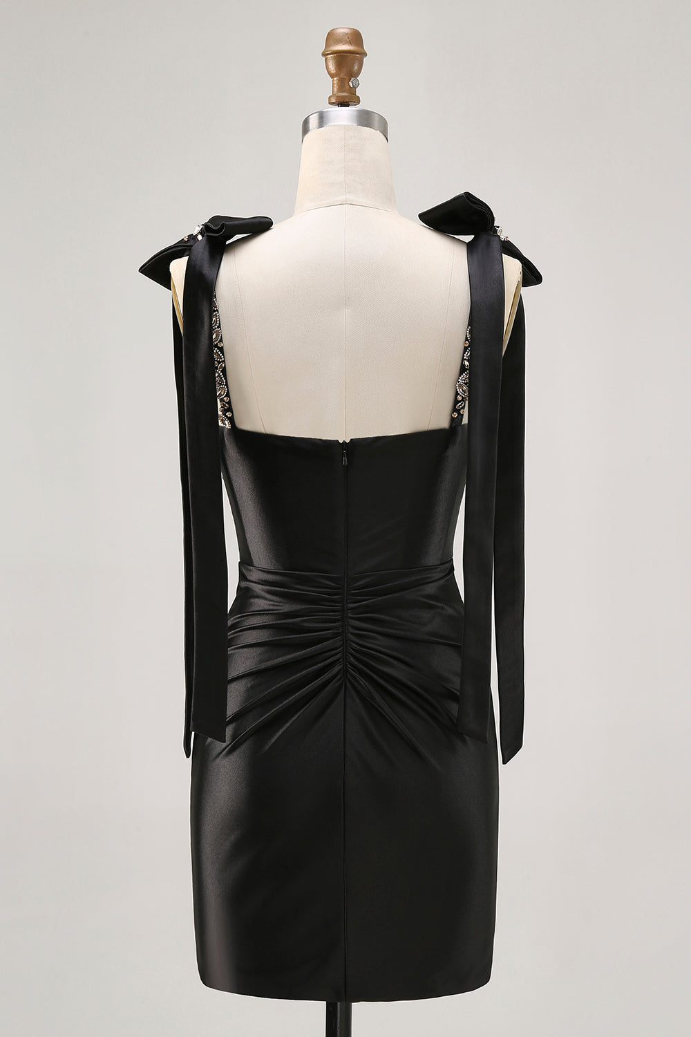 Black Satin Sparkly Rhinestones Tight Short Homecoming Dress with Bow