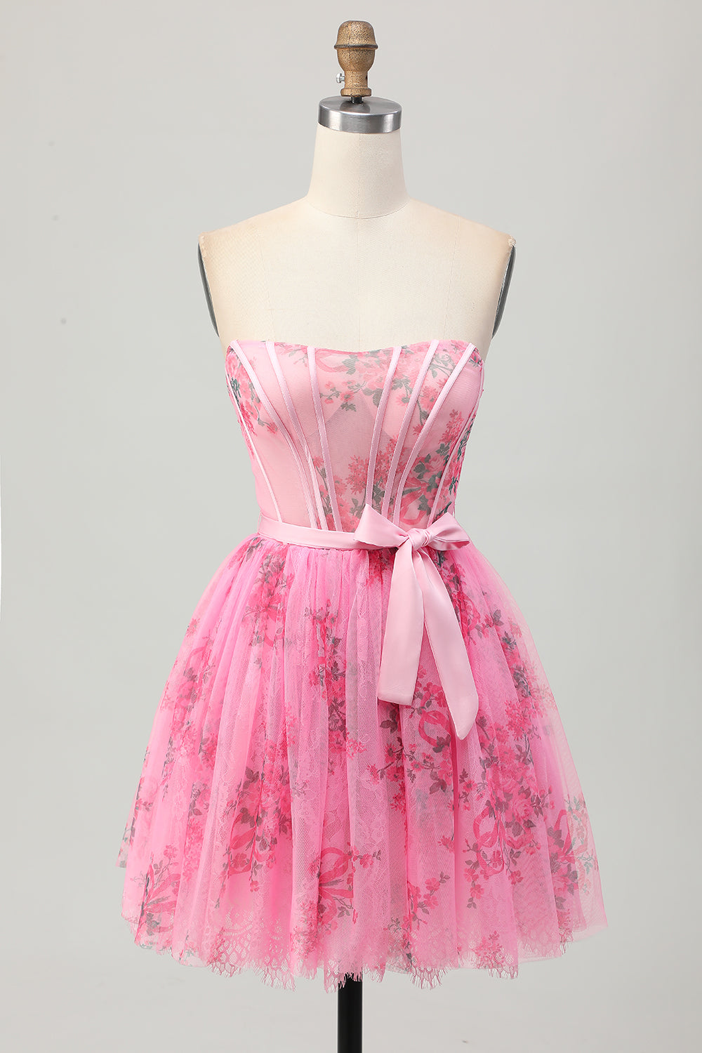 Pink Floral Strapless Short A Line Corset Homecoming Dress with Bow