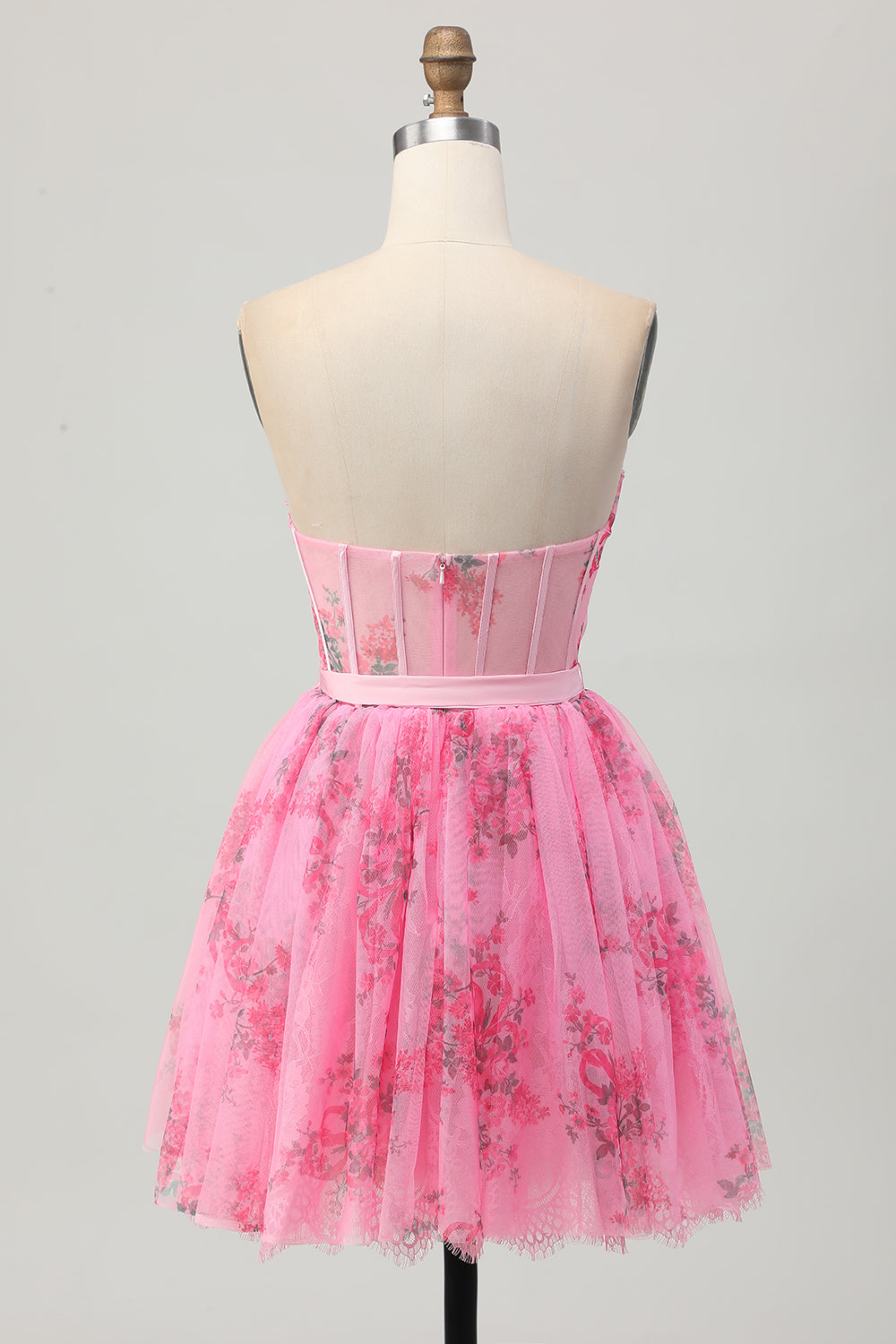 Pink Floral Strapless Short A Line Corset Homecoming Dress with Bow