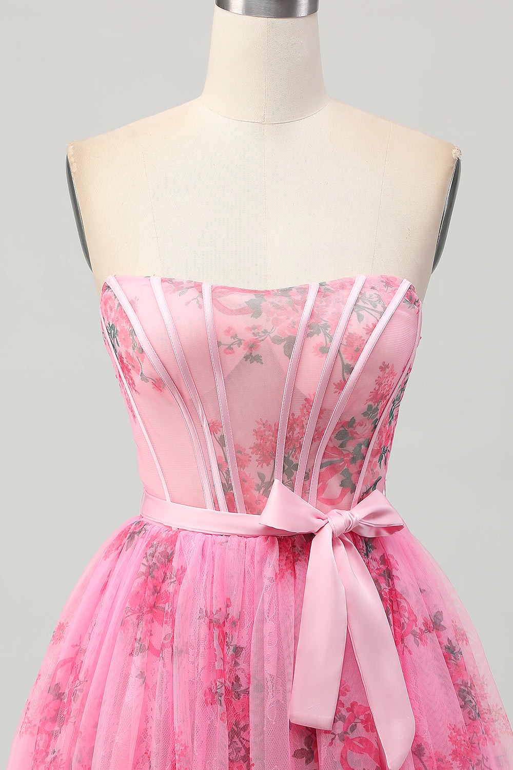 Pink Floral Strapless Short A Line Corset Homecoming Dress with Bow