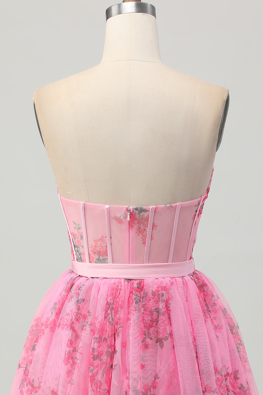 Pink Floral Strapless Short A Line Corset Homecoming Dress with Bow