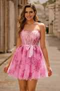 Pink Floral Strapless Short A Line Corset Homecoming Dress with Bow