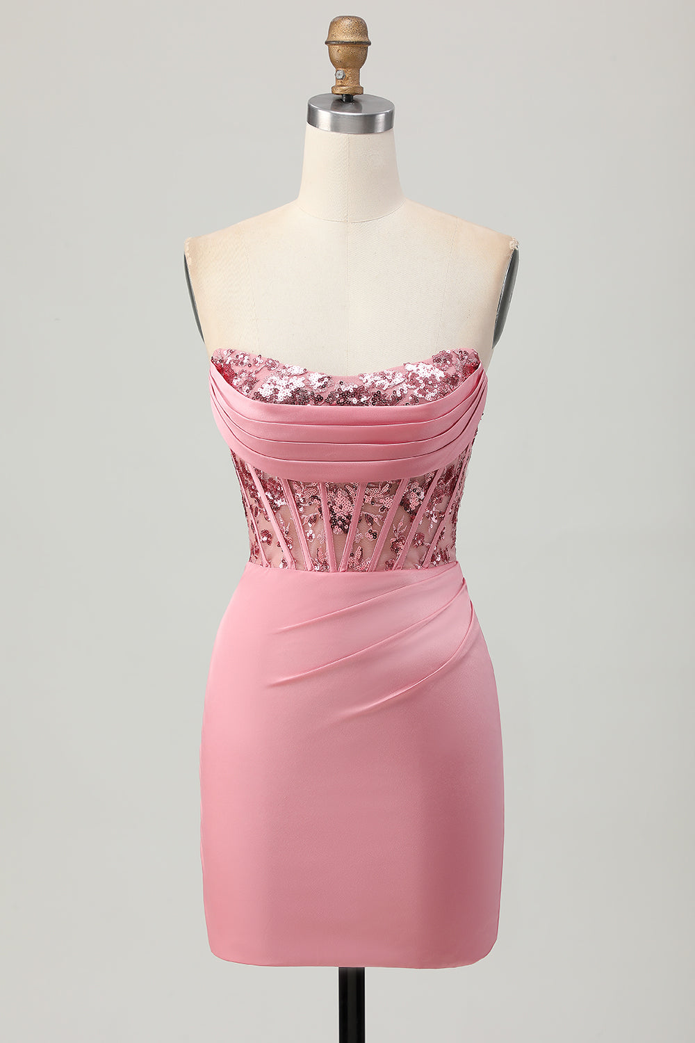 Sparkly Tight Blush Ruched Short Corset Homecoming Dress with Sequins
