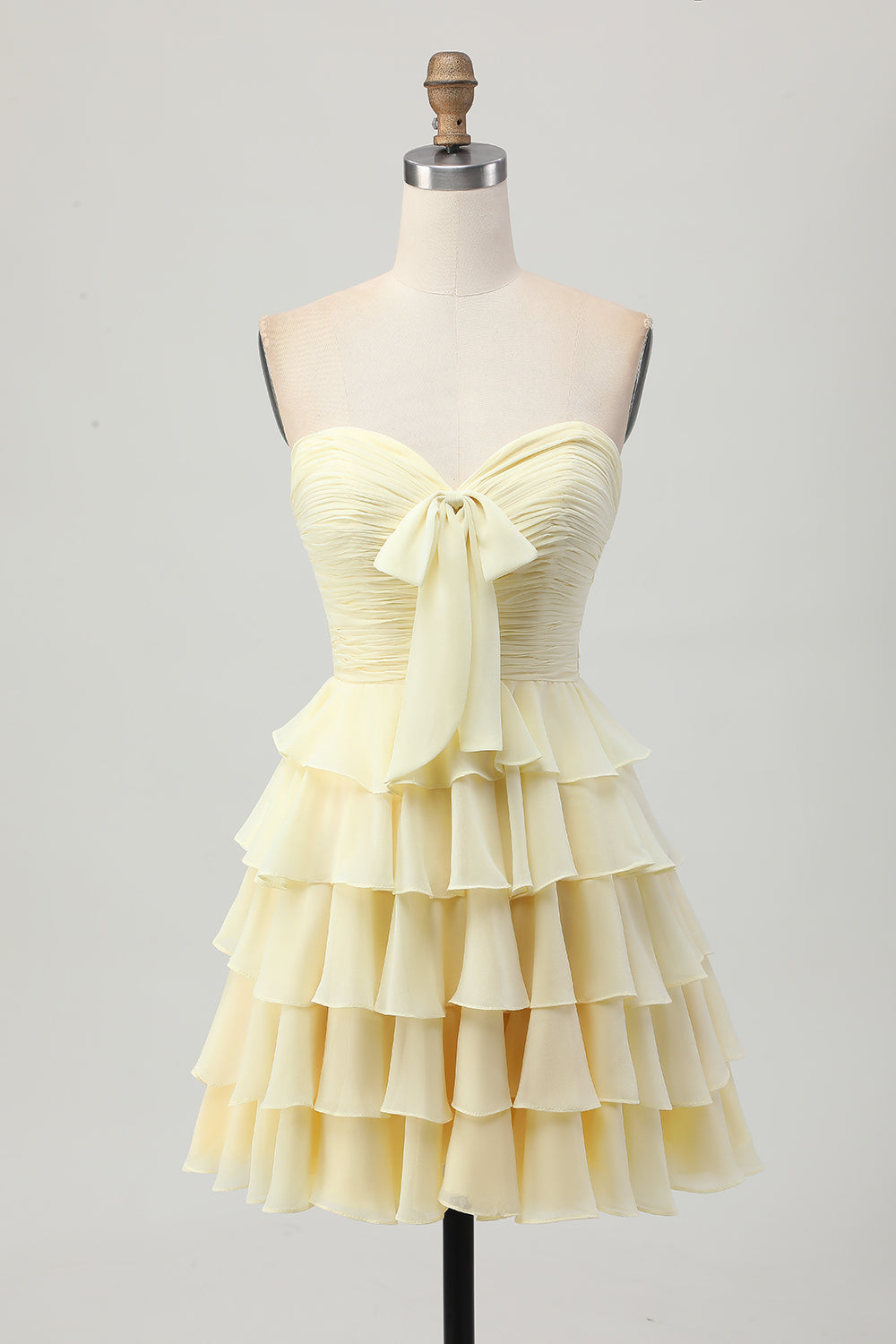 Short Light Yellow Sweetheart Ruffled A Line Tiered Homecoming Dress with Bow