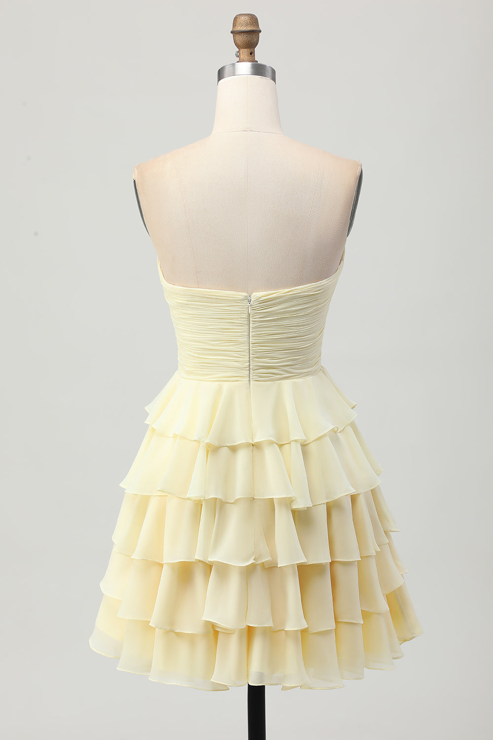 Short Light Yellow Sweetheart Ruffled A Line Tiered Homecoming Dress with Bow