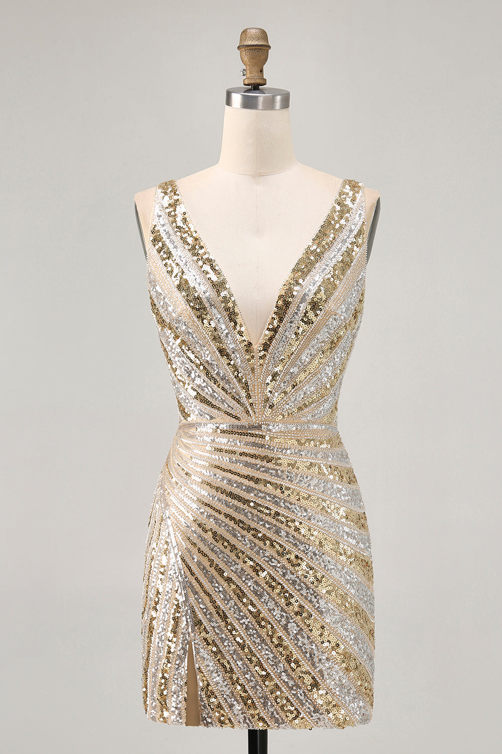 Sparkly Golden V-Neck Tight Short Sequins Homecoming Dress
