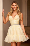 Yellow A Line Short Ruffled Homecoming Dress with Beading