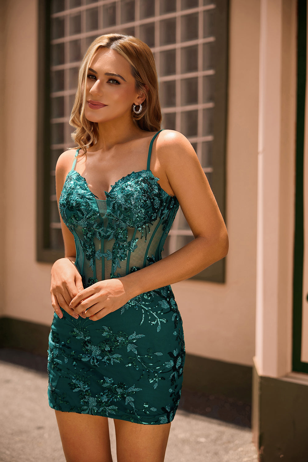 Sparkly Sequined Dark Green Corset Short Tight Homecoming Dress