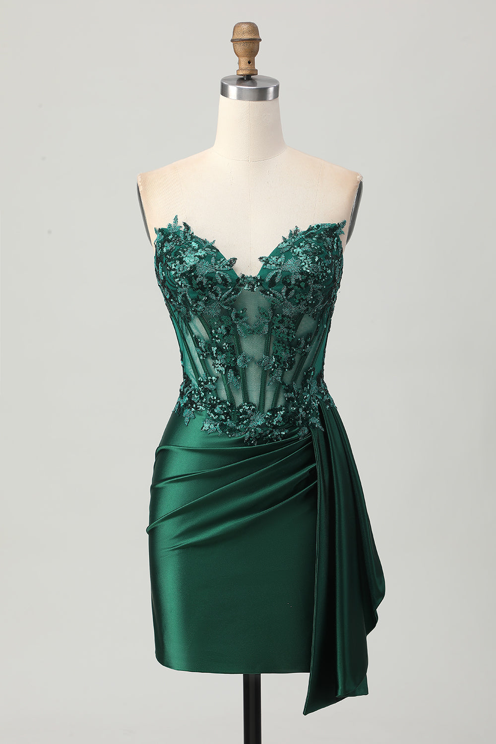 Sparkly Sequined Dark Green Satin Corset Short Homecoming Dress with Drape