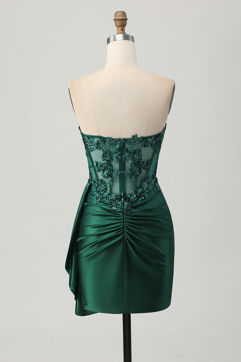Sparkly Sequined Dark Green Satin Corset Short Homecoming Dress with Drape
