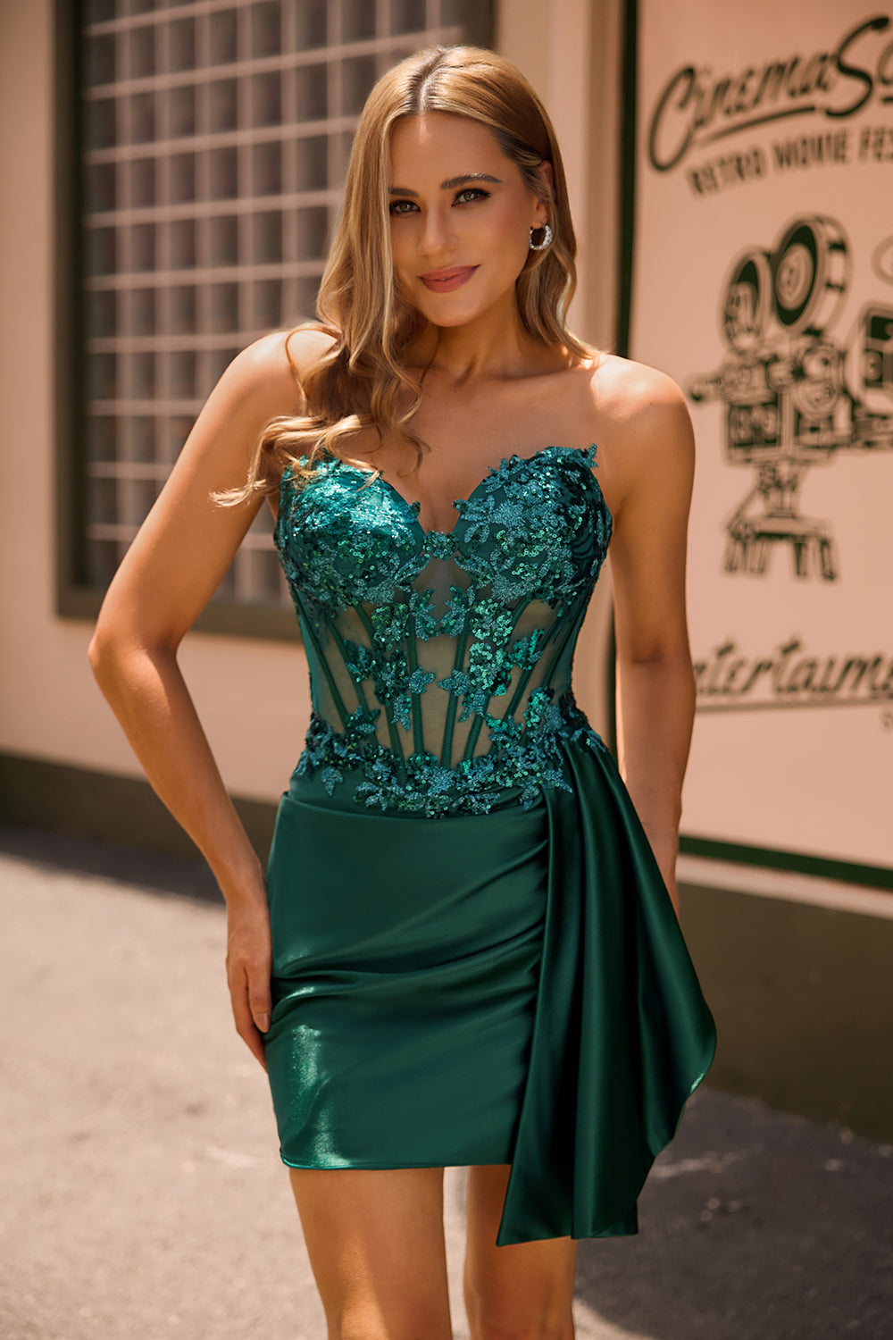 Sparkly Sequined Dark Green Satin Corset Short Homecoming Dress with Drape