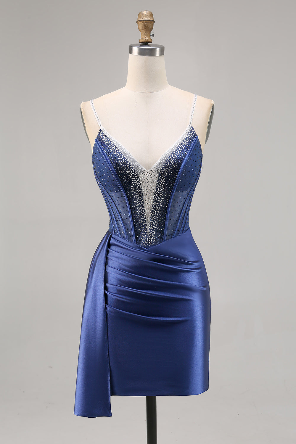 Sparkly Beaded Navy Corset Satin Short Homecoming Dress with Drape