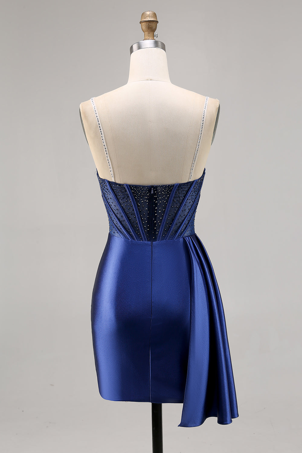 Sparkly Beaded Navy Corset Satin Short Homecoming Dress with Drape