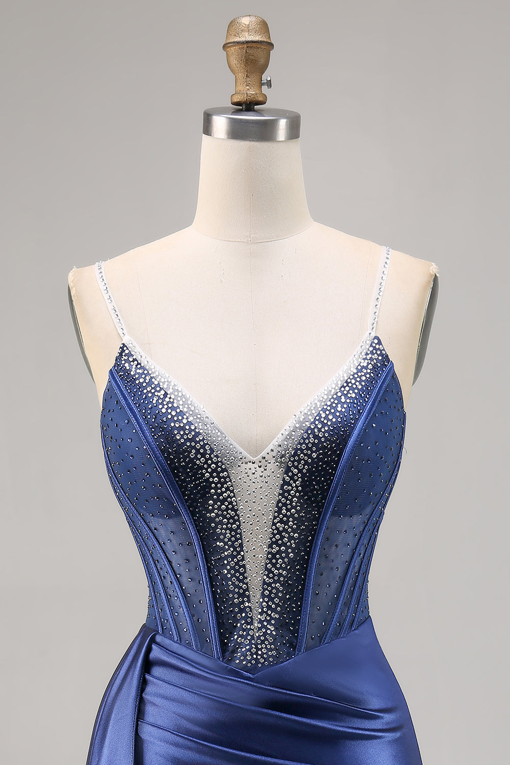 Sparkly Beaded Navy Corset Satin Short Homecoming Dress with Drape