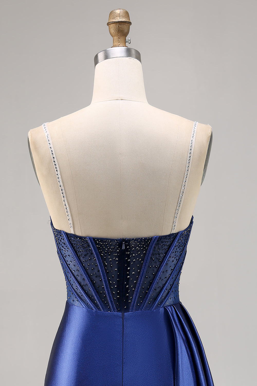 Sparkly Beaded Navy Corset Satin Short Homecoming Dress with Drape