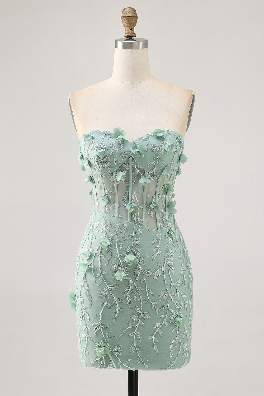 Sage Floral Beaded Corset Tight Mini Homecoming Dress with Applique