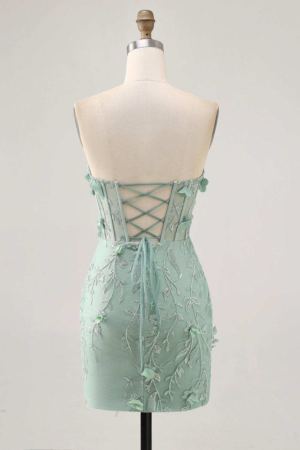 Sage Floral Beaded Corset Tight Mini Homecoming Dress with Applique