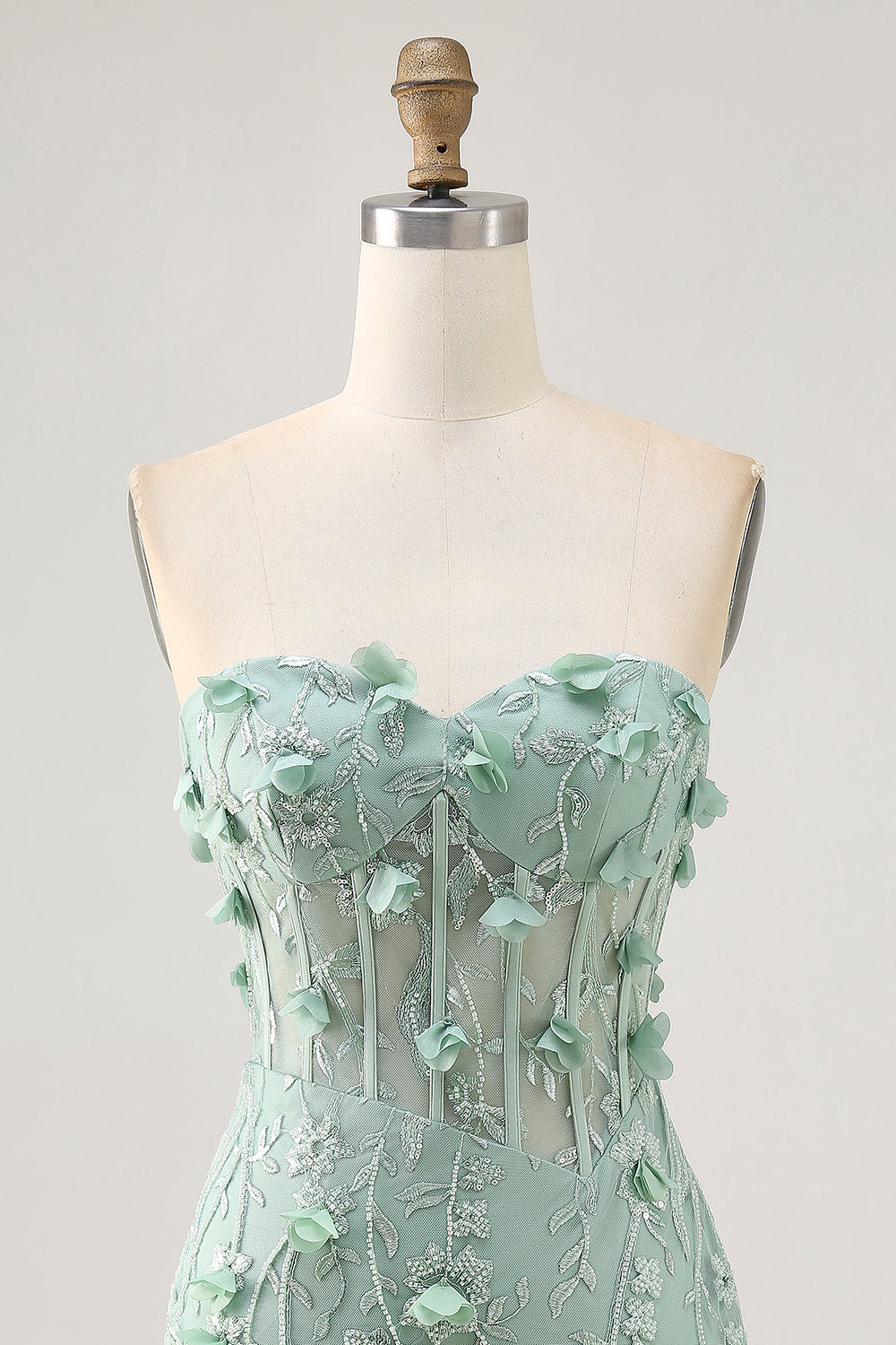 Sage Floral Beaded Corset Tight Mini Homecoming Dress with Applique