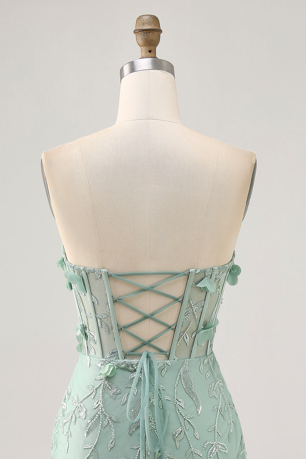 Sage Floral Beaded Corset Tight Mini Homecoming Dress with Applique