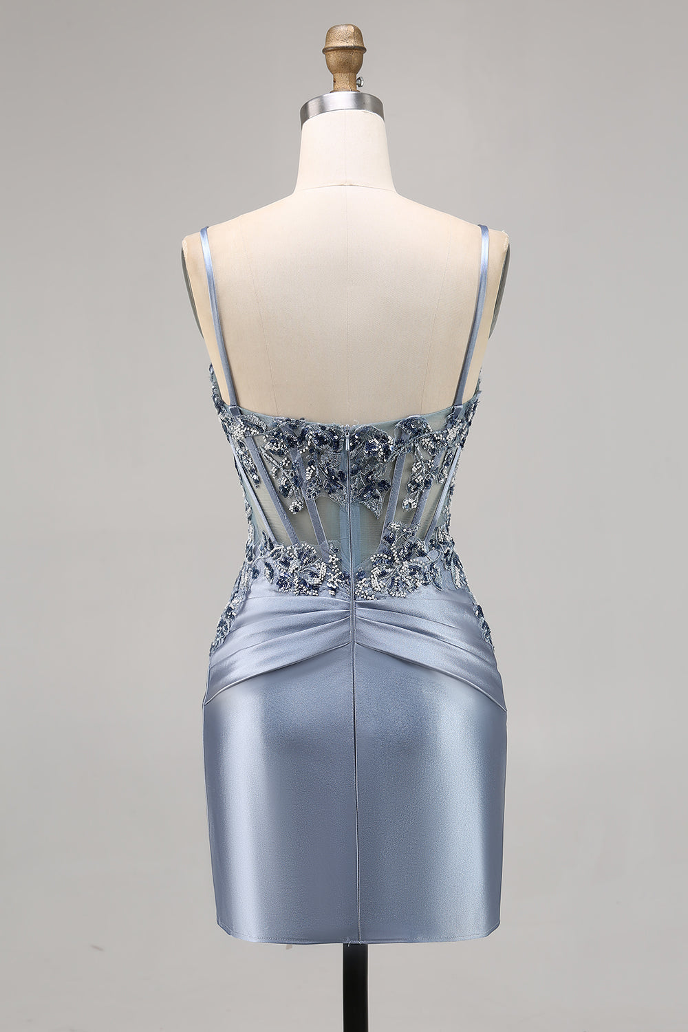 Grey Blue Corset Embroidered Satin Tight Short Homecoming Dress