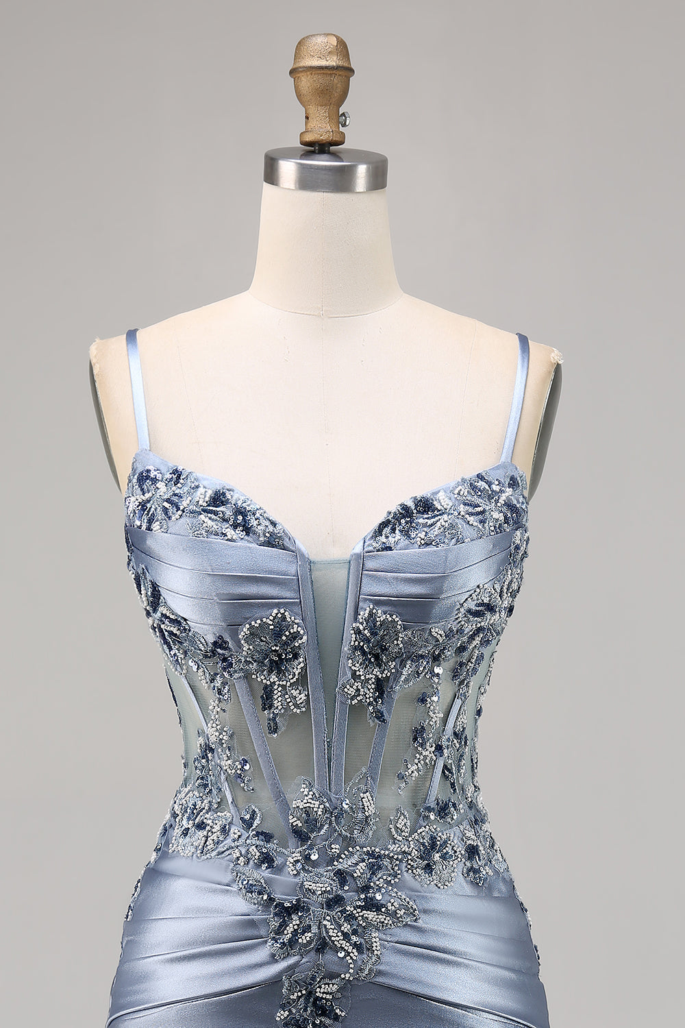 Grey Blue Corset Embroidered Satin Tight Short Homecoming Dress