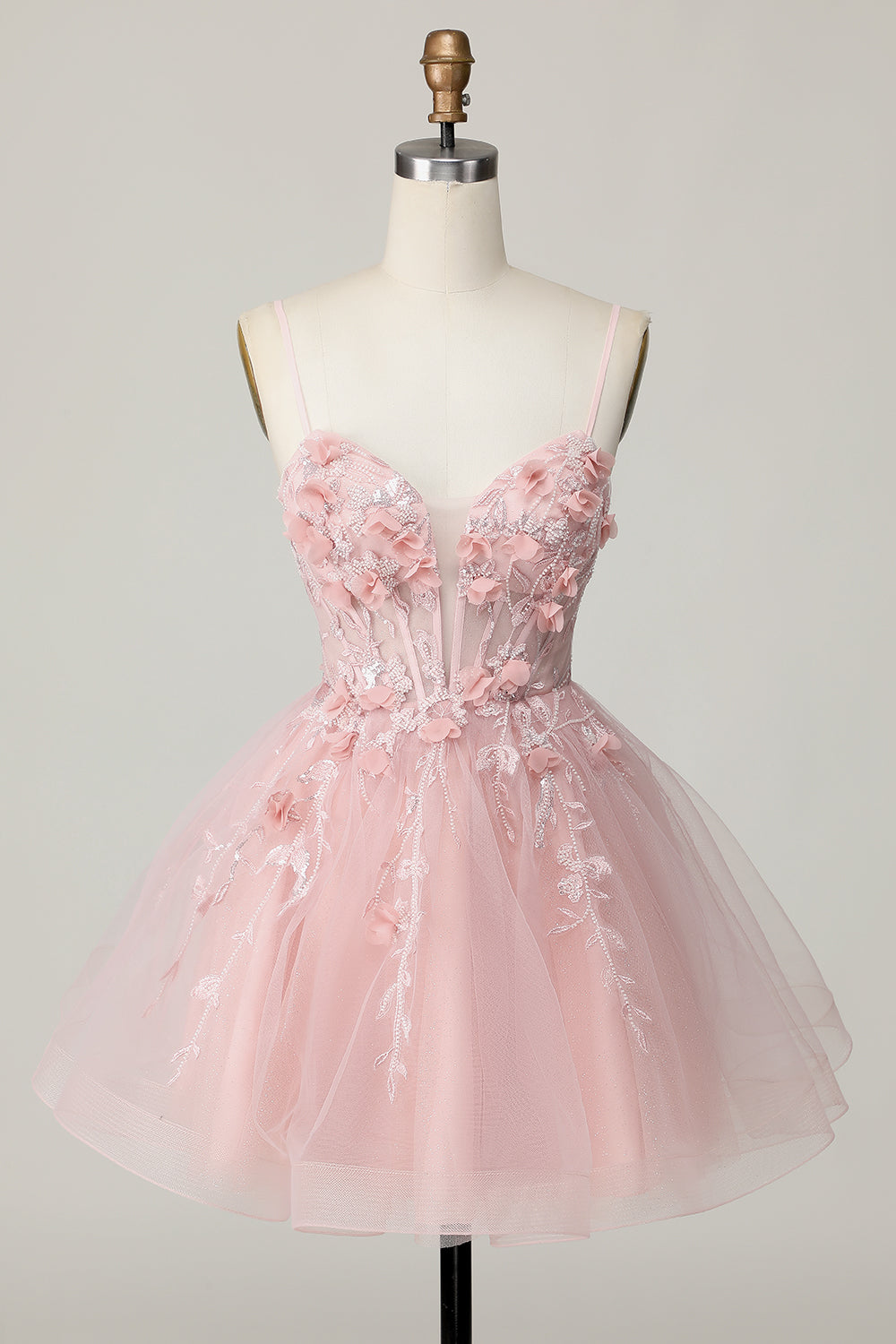 Pink Corset Spaghetti Straps A Line Floral Short Appliqued Homecoming Dress