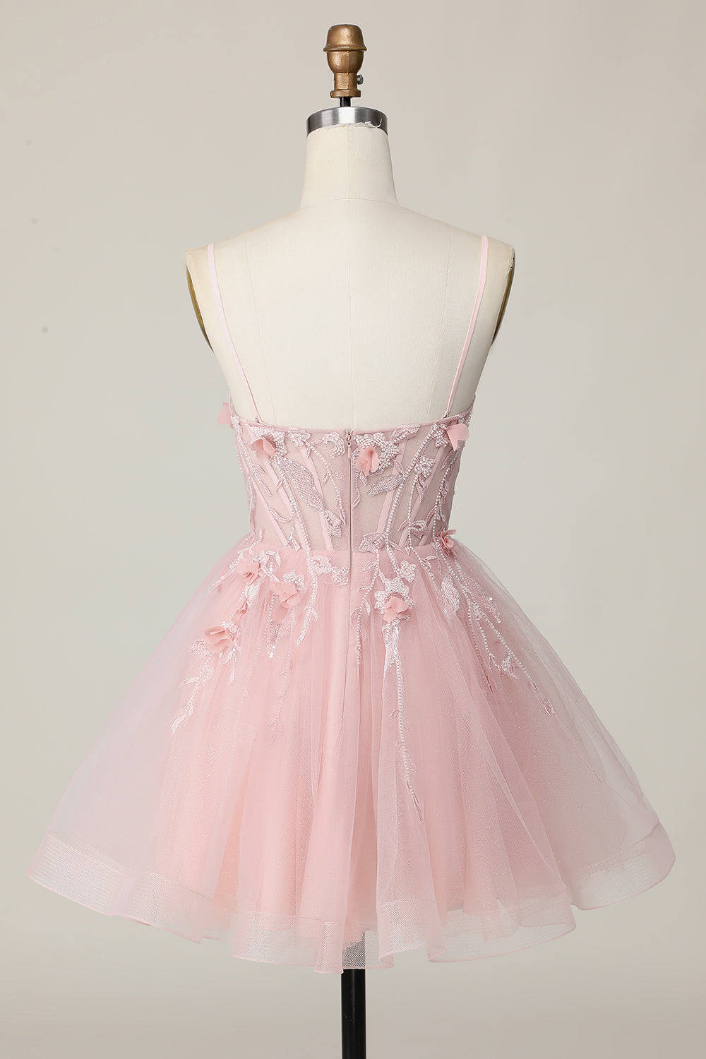 Pink Corset Spaghetti Straps A Line Floral Short Appliqued Homecoming Dress