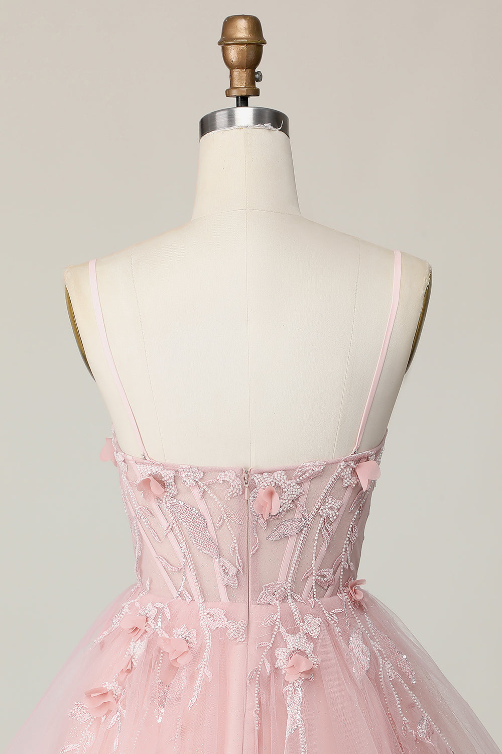 Pink Corset Spaghetti Straps A Line Floral Short Appliqued Homecoming Dress