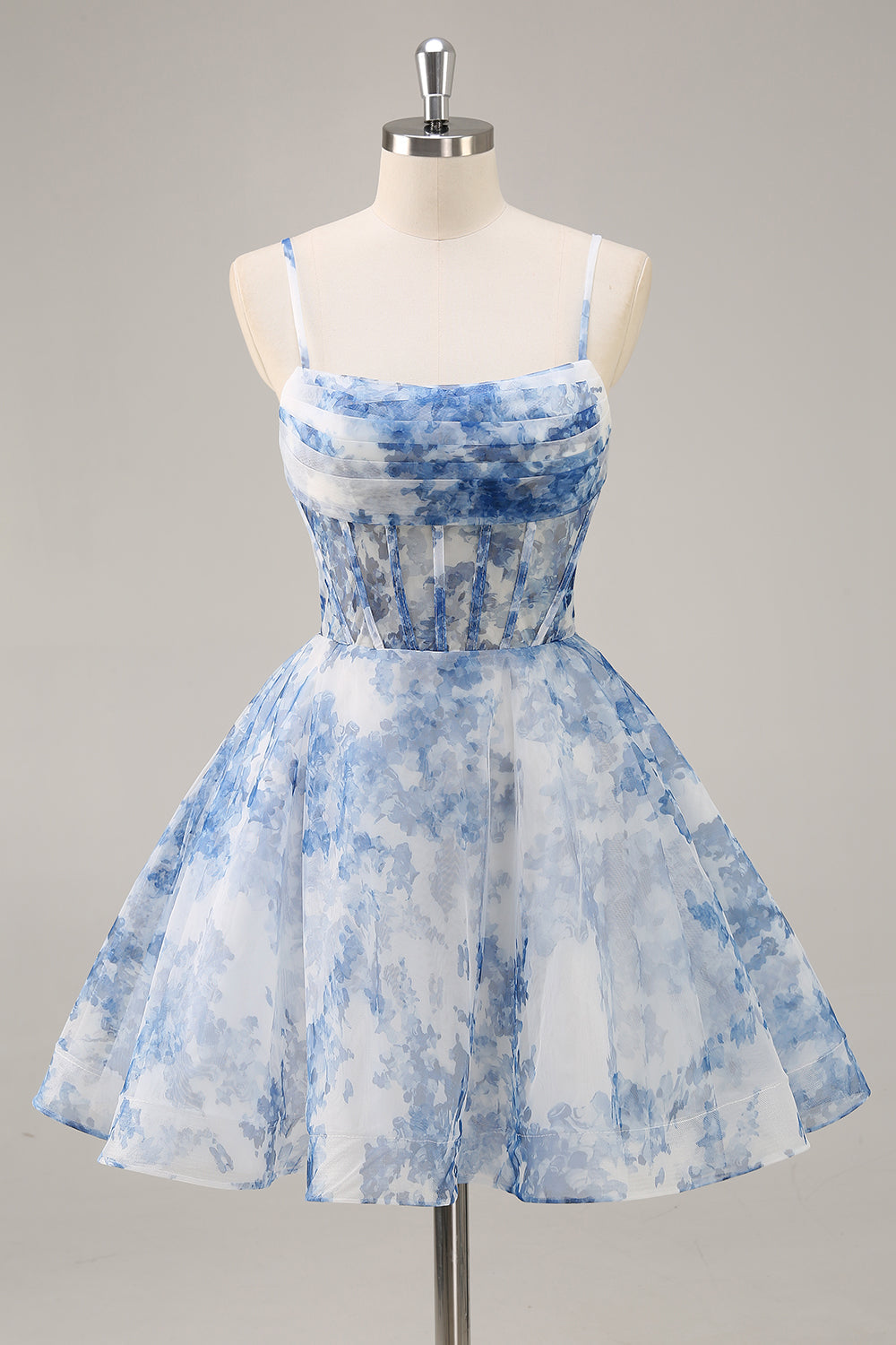 White Blue Floral Corset Spaghetti Straps A Line Short Homecoming Dress