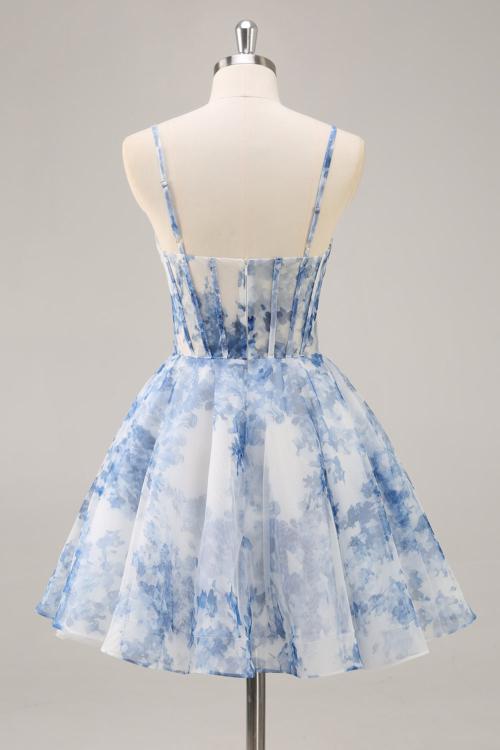 White Blue Floral Corset Spaghetti Straps A Line Short Homecoming Dress