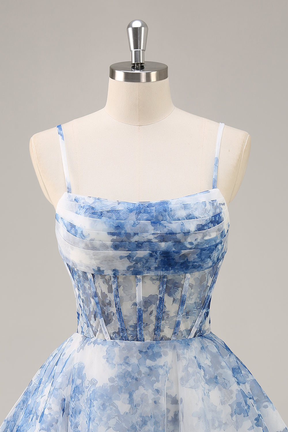 White Blue Floral Corset Spaghetti Straps A Line Short Homecoming Dress