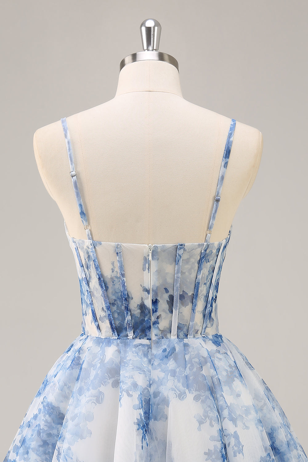 White Blue Floral Corset Spaghetti Straps A Line Short Homecoming Dress