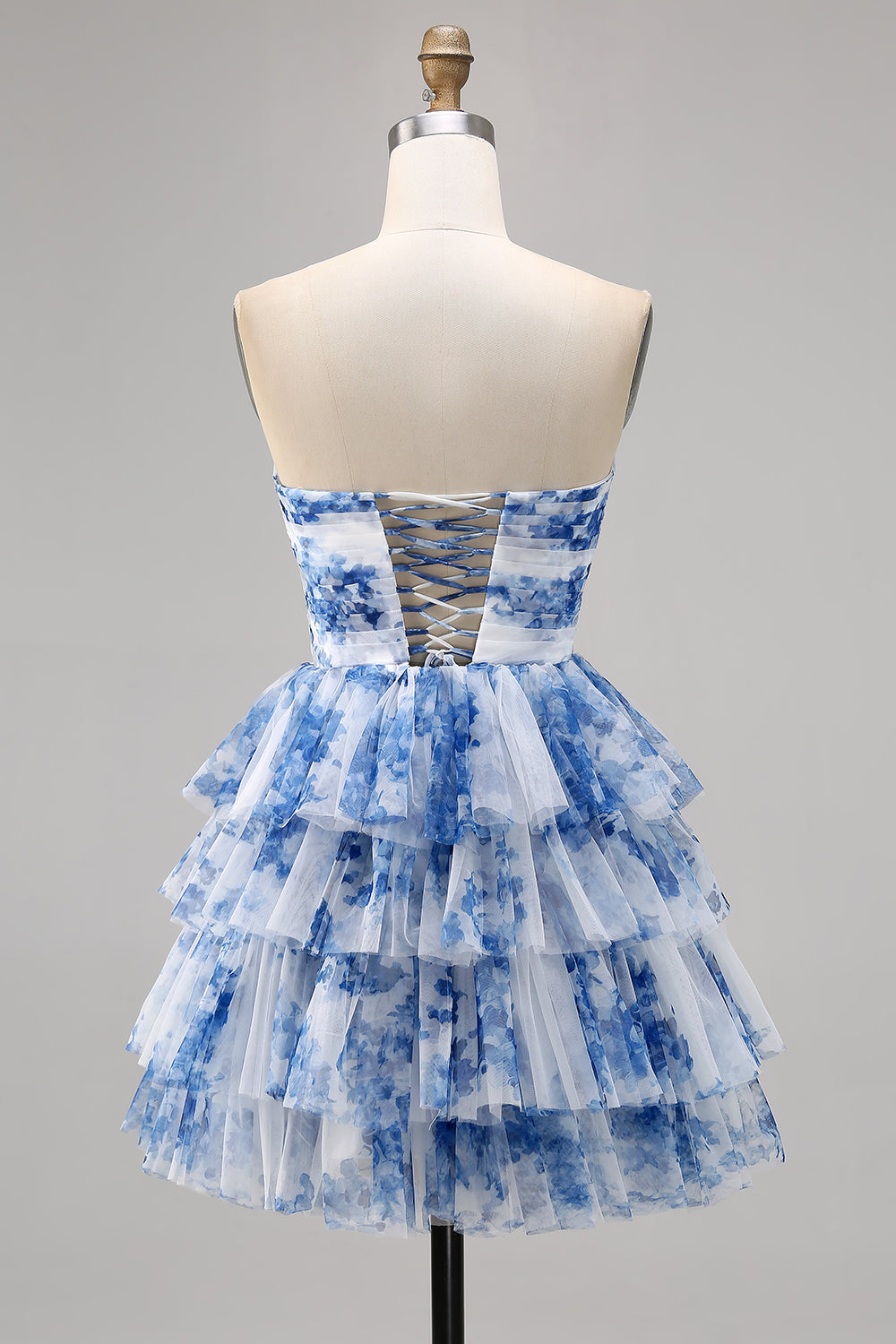 White Blue Floral Sweetheart Tiered Short A Line Homecoming Dress