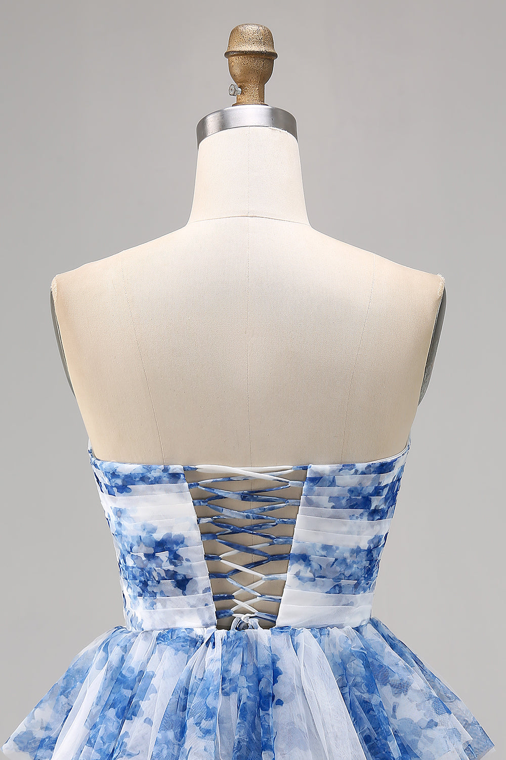 White Blue Floral Sweetheart Tiered Short A Line Homecoming Dress