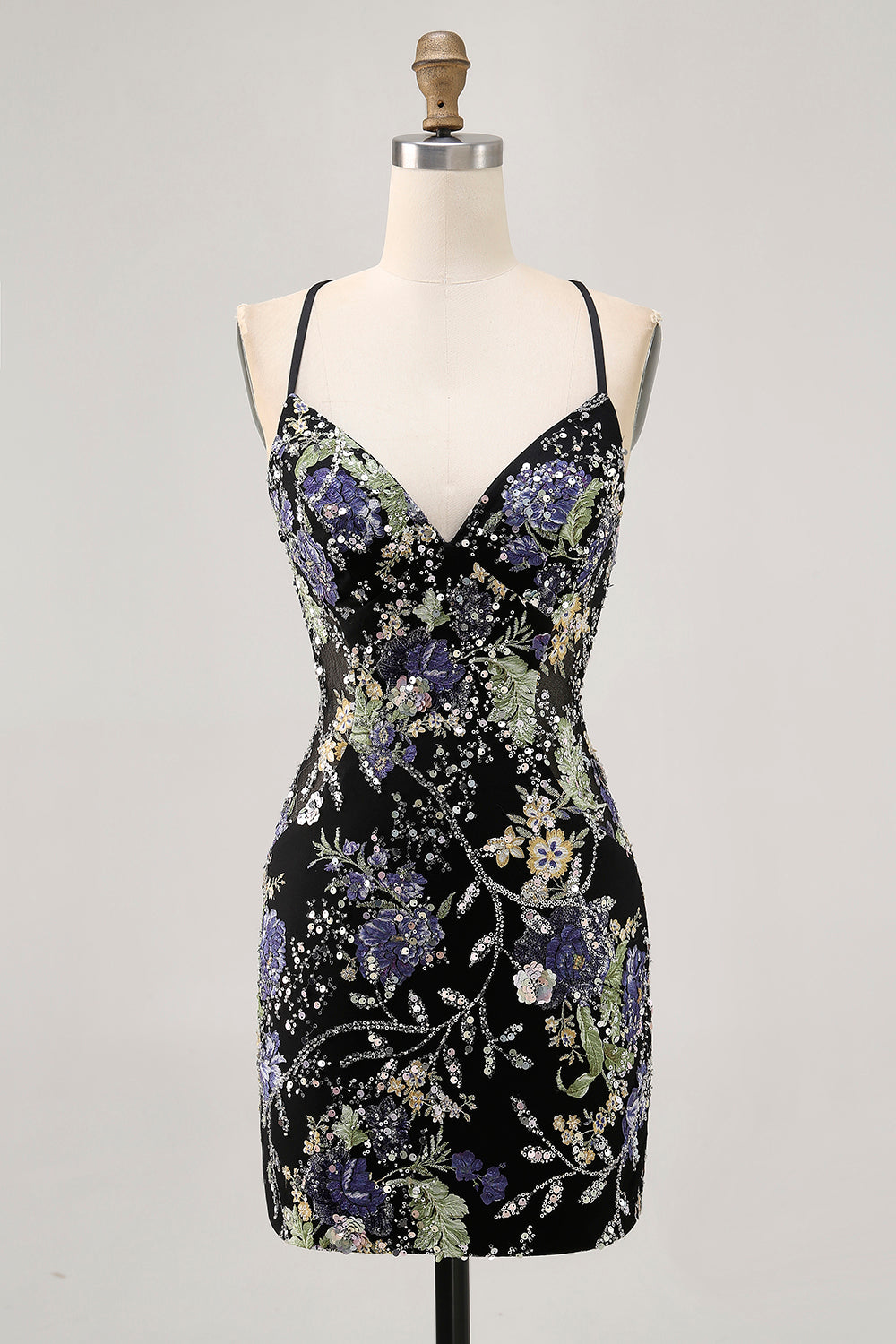 Sparkly Sequined Black Floral Tight Short Homecoming Dress with Beading
