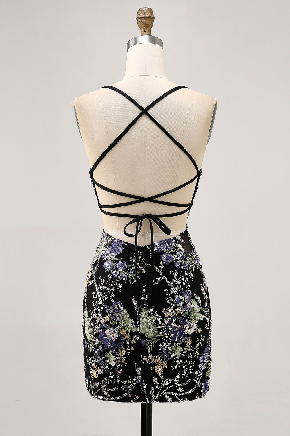 Sparkly Sequined Black Floral Tight Short Homecoming Dress with Beading