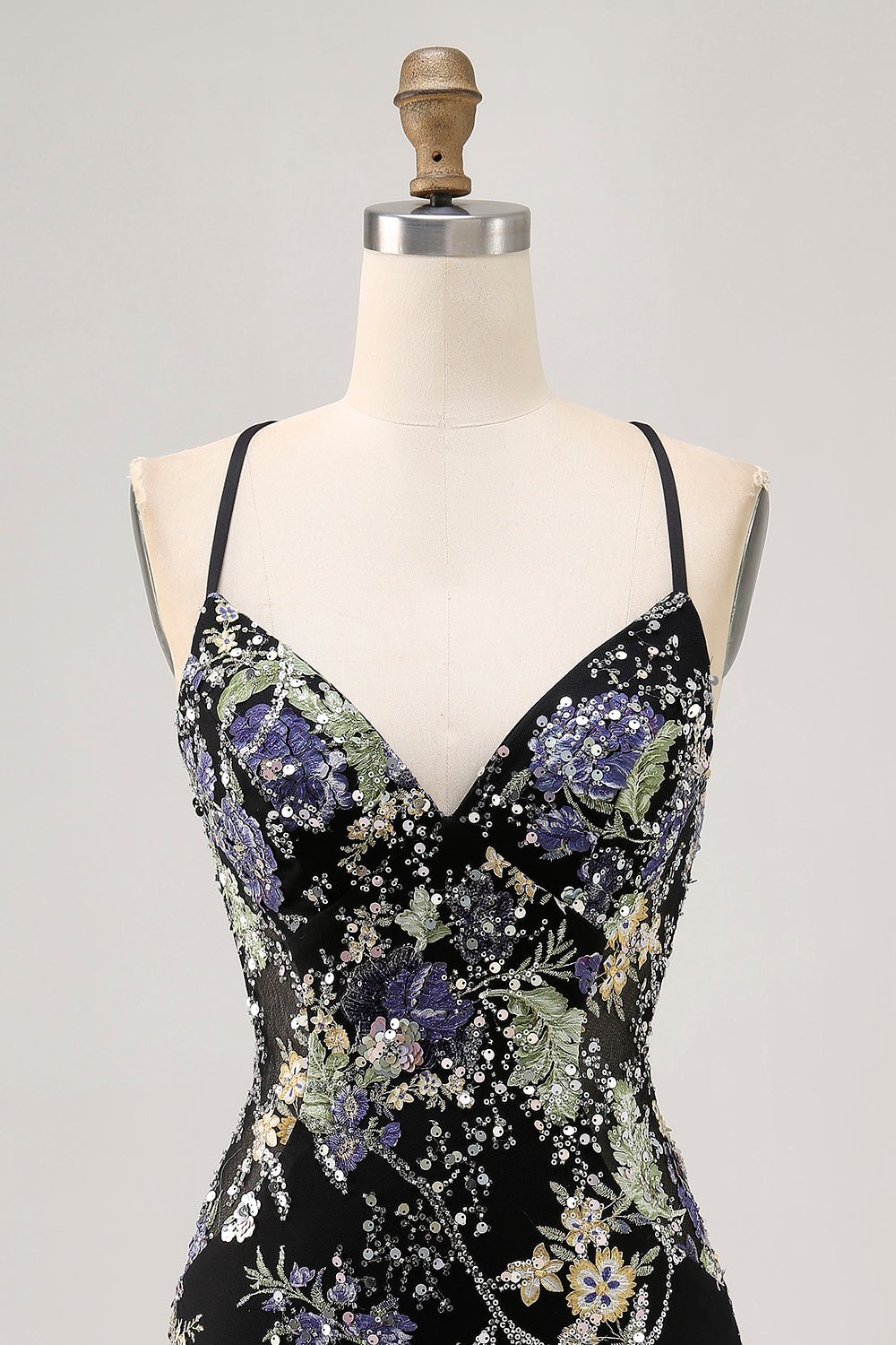 Sparkly Sequined Black Floral Tight Short Homecoming Dress with Beading