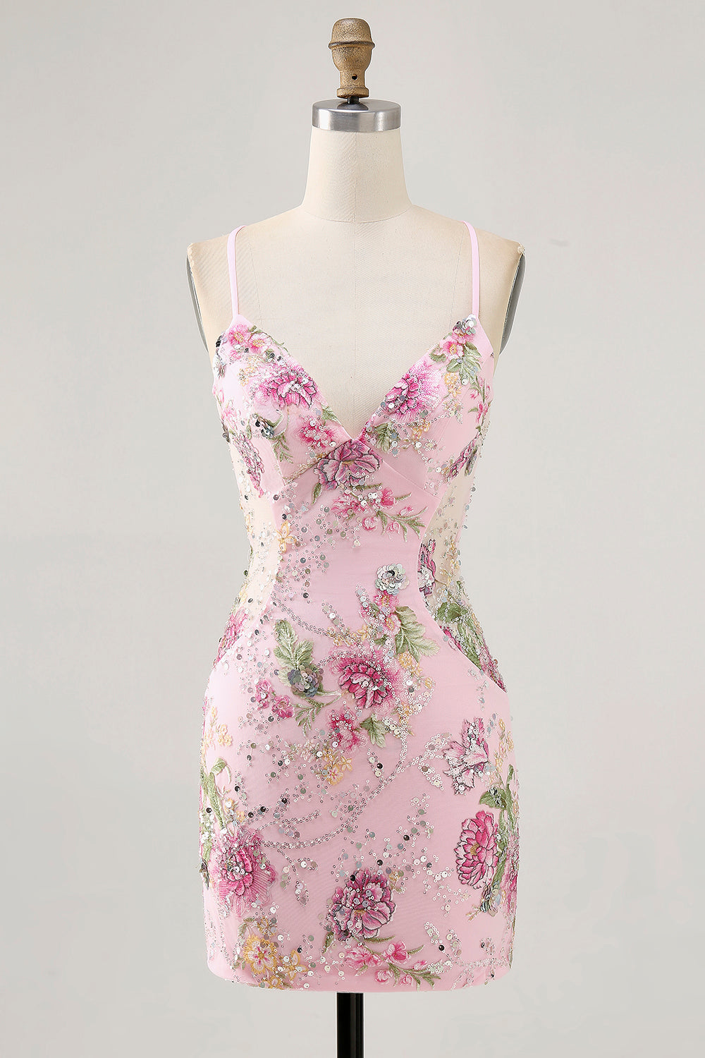 Sparkly Pink Floral Embroidered Short Tight Homecoming Dress with Sequins