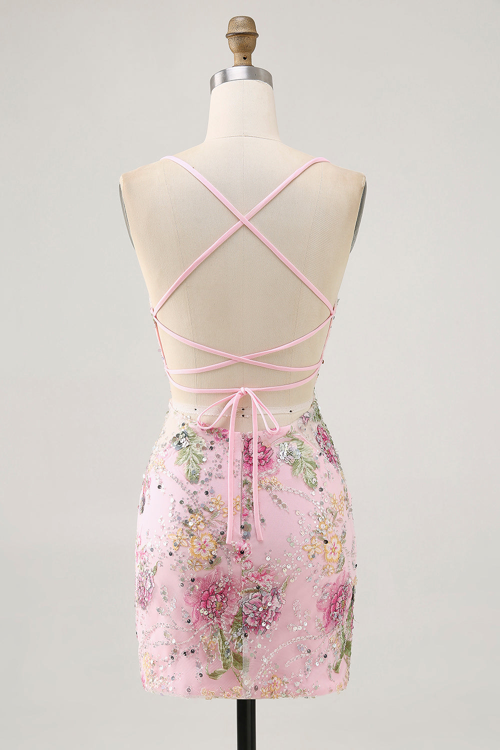 Sparkly Pink Floral Embroidered Short Tight Homecoming Dress with Sequins