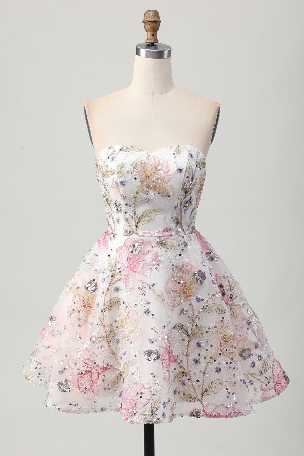 Sparkly Pink Floral Strapless A Line Short Sequined Homecoming Dress
