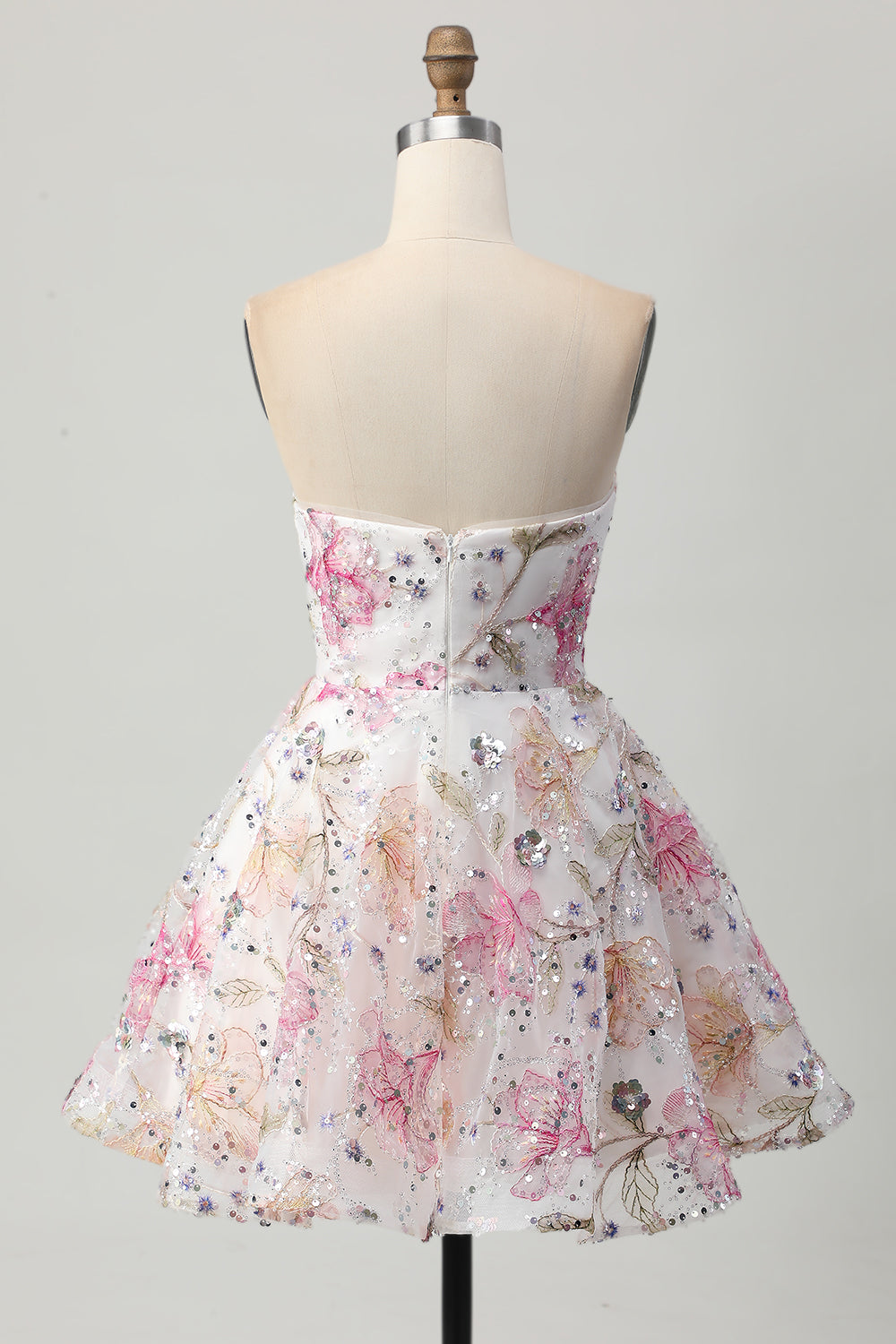 Sparkly Pink Floral Strapless A Line Short Sequined Homecoming Dress