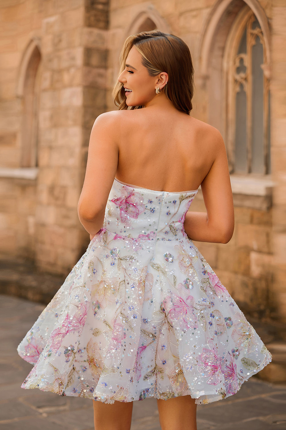 Sparkly Pink Floral Strapless A Line Short Sequined Homecoming Dress