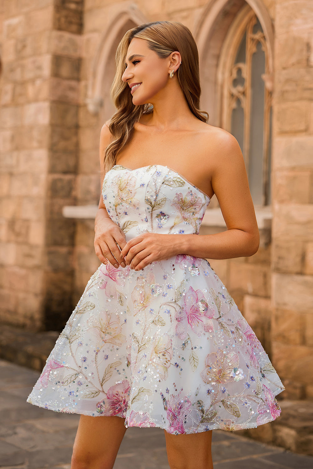 Sparkly Pink Floral Strapless A Line Short Sequined Homecoming Dress