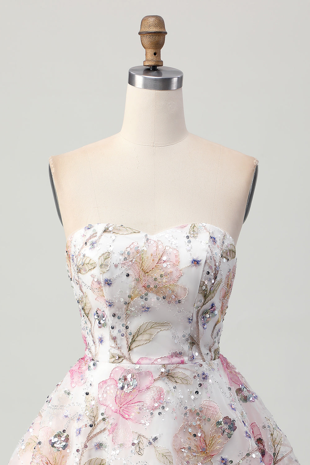 Sparkly Pink Floral Strapless A Line Short Sequined Homecoming Dress