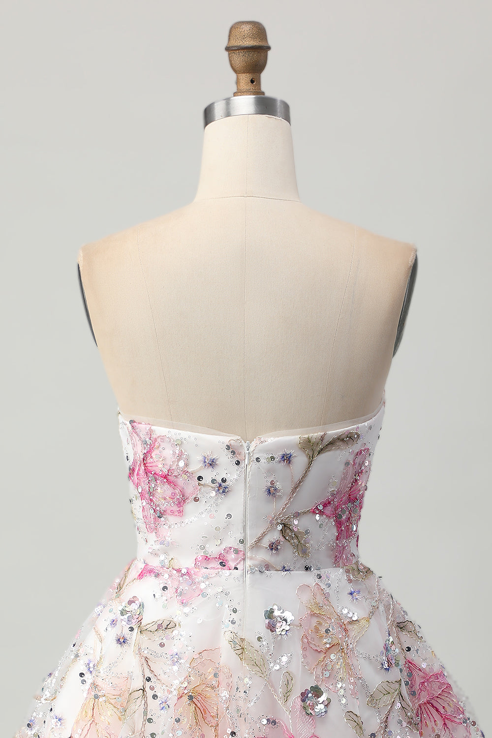 Sparkly Pink Floral Strapless A Line Short Sequined Homecoming Dress