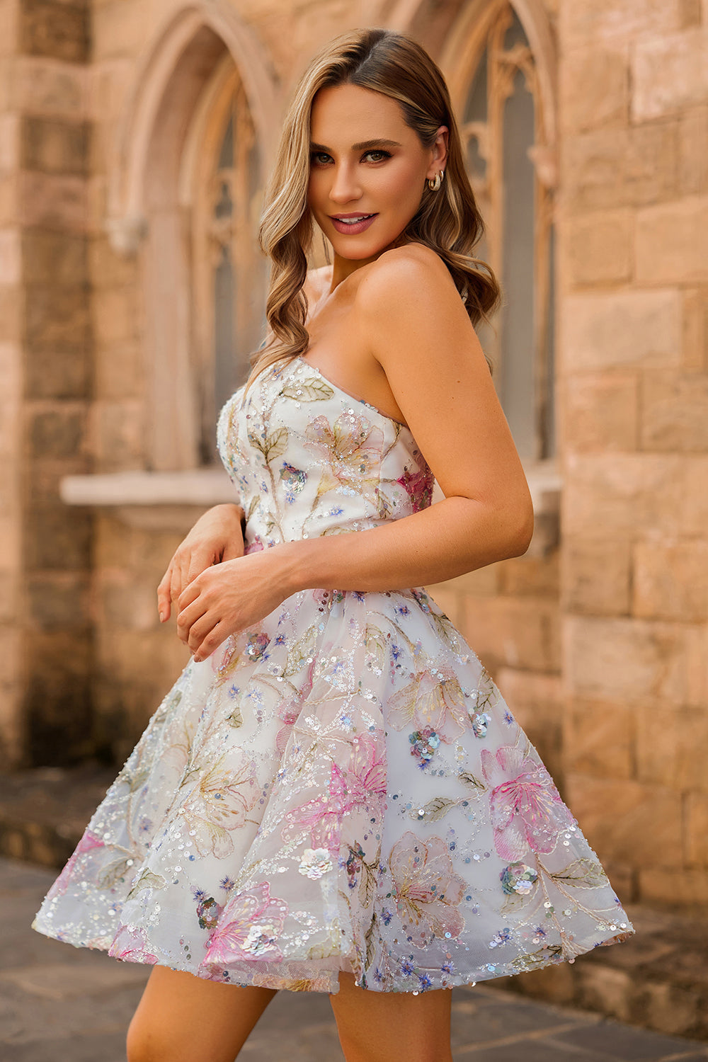 Sparkly Pink Floral Strapless A Line Short Sequined Homecoming Dress