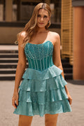 Corset Peacock Green Sparkly Tiered Short Homecoming Dress with Rhinestones