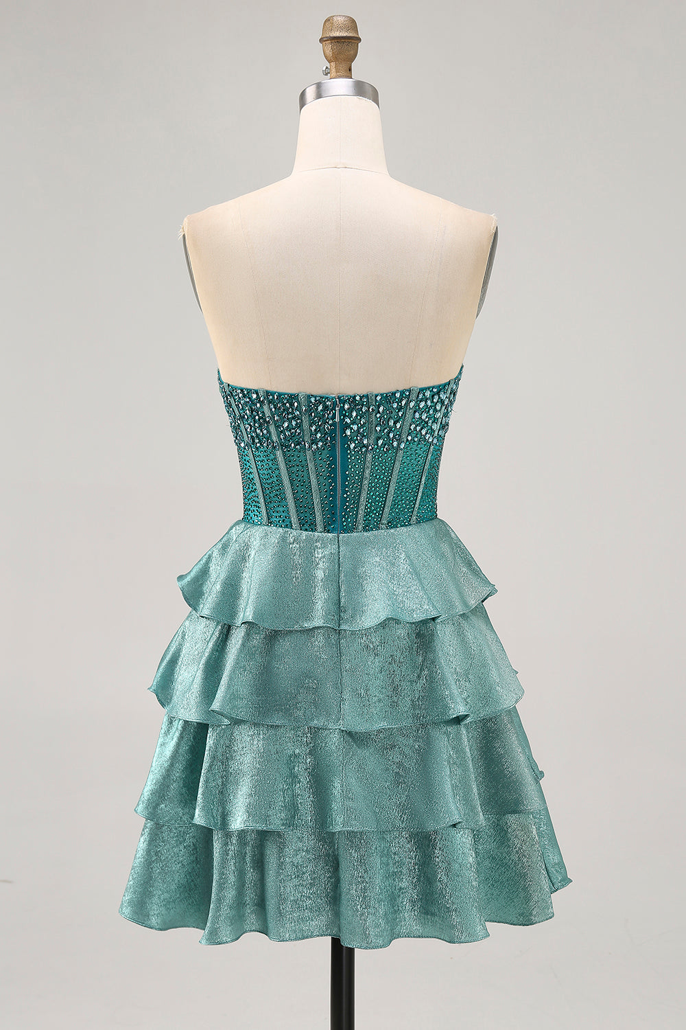 Corset Peacock Green Sparkly Tiered Short Homecoming Dress with Rhinestones