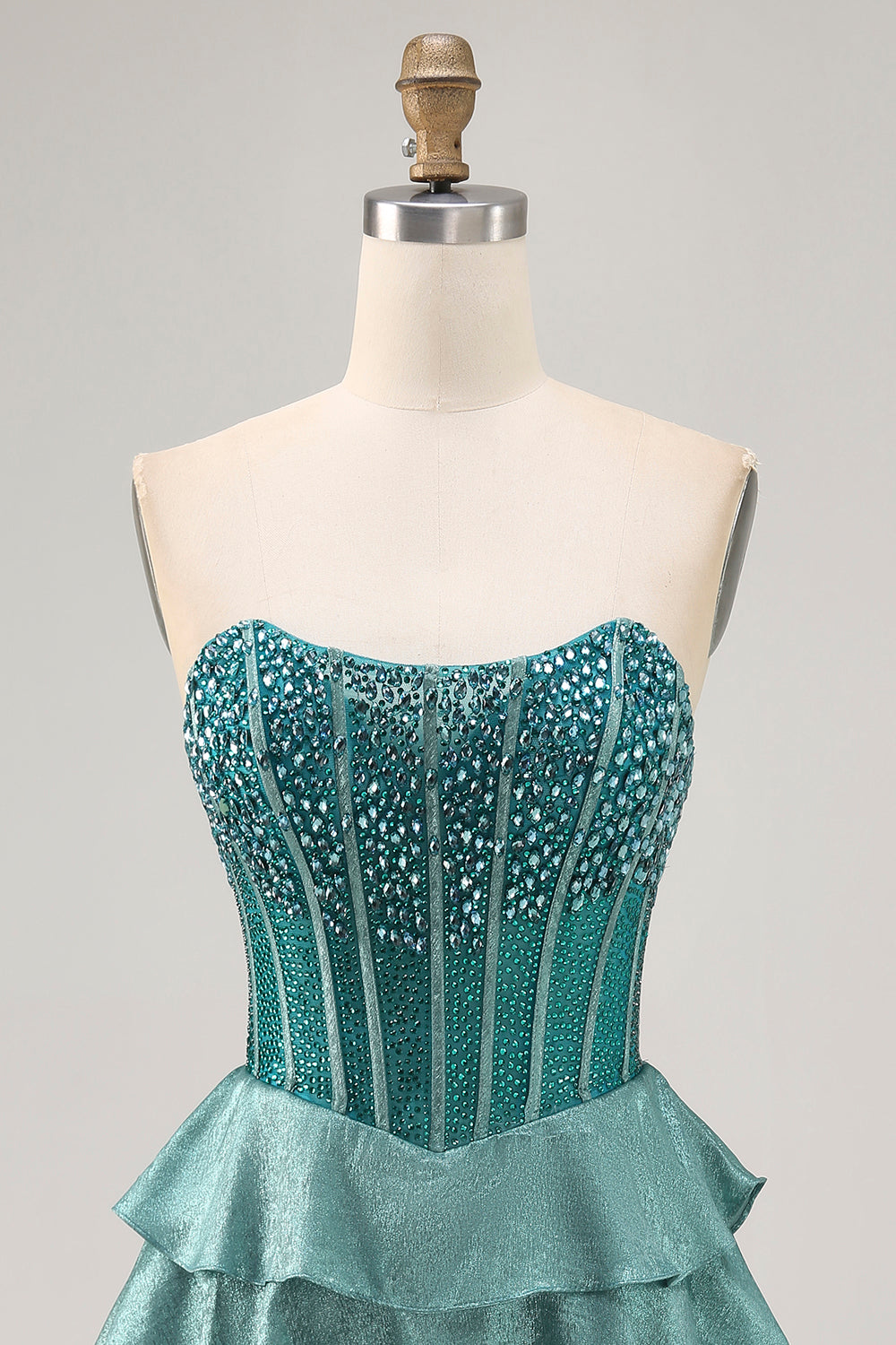 Corset Peacock Green Sparkly Tiered Short Homecoming Dress with Rhinestones