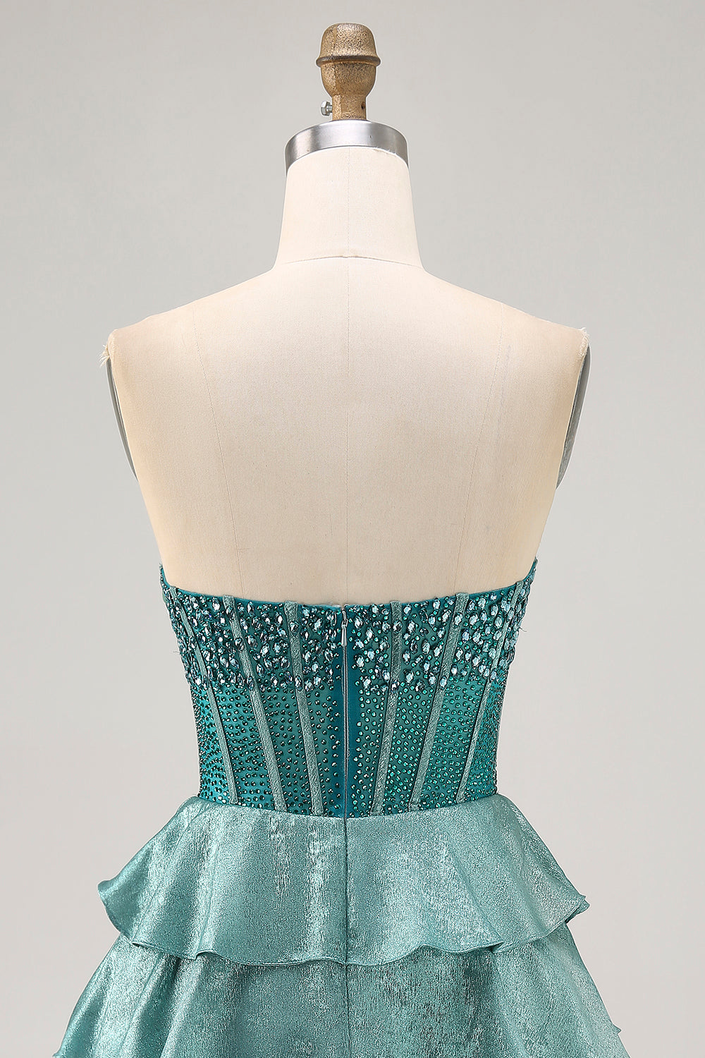 Corset Peacock Green Sparkly Tiered Short Homecoming Dress with Rhinestones
